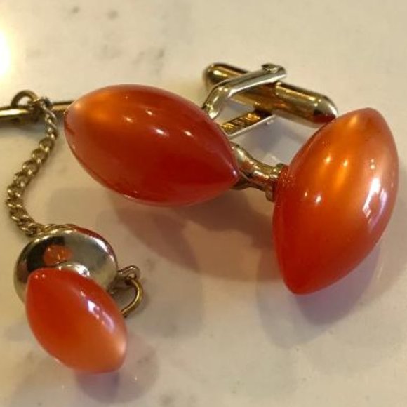 Swank Orange Moon Glow Cuff Links & Tie Tack - Picture 5 of 6